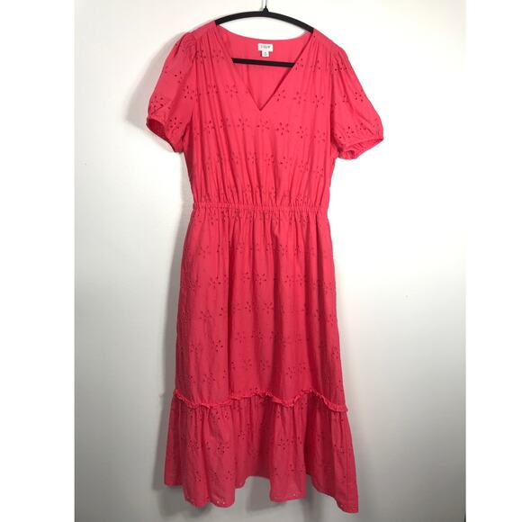 J. Crew Midi Dress Women's 8 Pink V Neck Puff Sleeve Eyelet Tiered Feminine - Picture 1 of 13